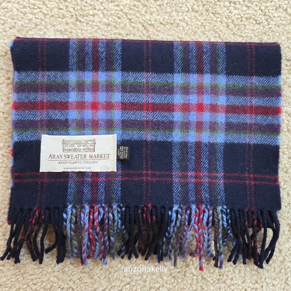 Aran Sweater Market Extra Fine Merino Wool Blue Plaid Scarf - Picture 10 of 10